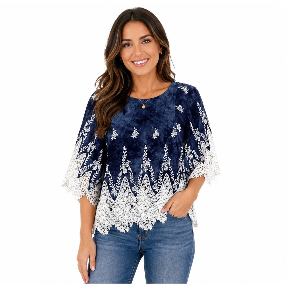 ADORE Tie Dye Floral Embroidered Bell Sleeve V Neck Top Women's Size S Goddess